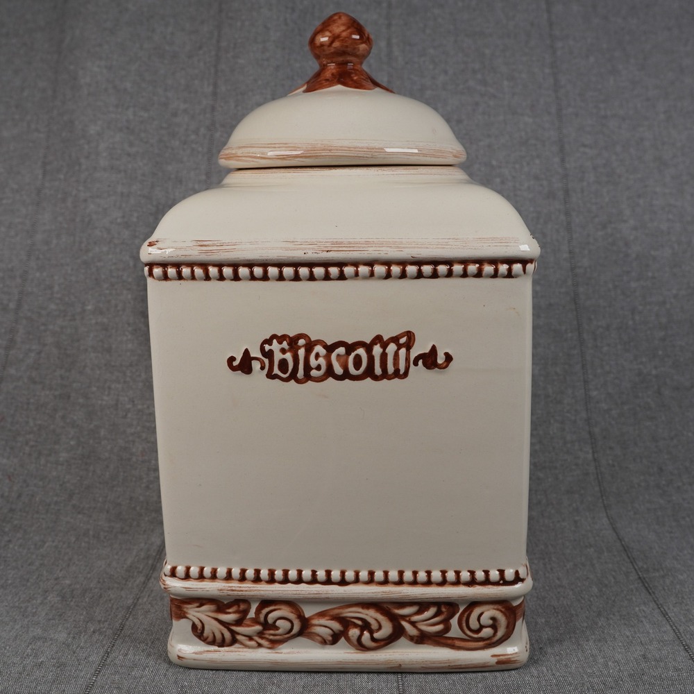 Nonnis Ceramic Biscotti Cookie Jar Cream Brown Canister with Lid Tuscan Cottage
